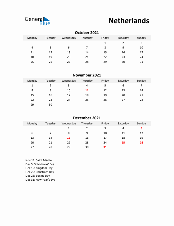 Printable Quarterly Calendar with Notes and The Netherlands Holidays- Q4 of 2021