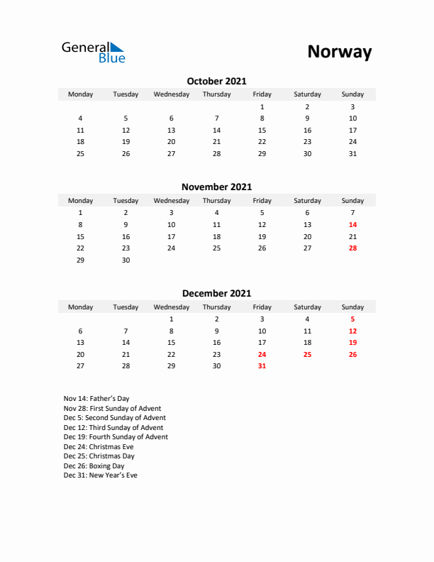 Printable Quarterly Calendar with Notes and Norway Holidays- Q4 of 2021