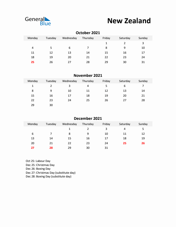 Printable Quarterly Calendar with Notes and New Zealand Holidays- Q4 of 2021