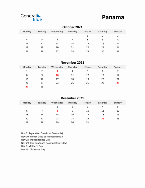 Printable Quarterly Calendar with Notes and Panama Holidays- Q4 of 2021