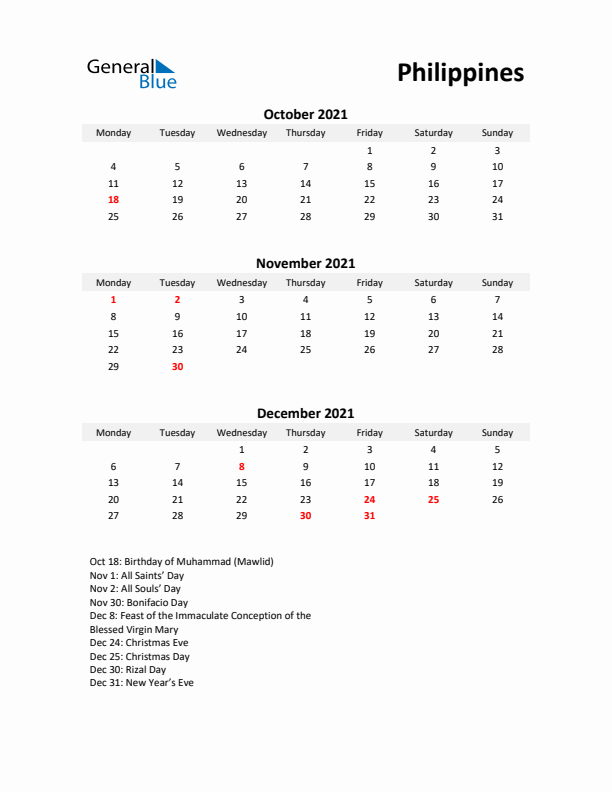 Printable Quarterly Calendar with Notes and Philippines Holidays- Q4 of 2021