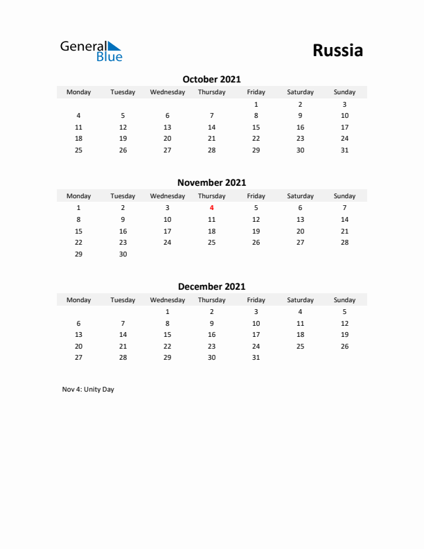 Printable Quarterly Calendar with Notes and Russia Holidays- Q4 of 2021