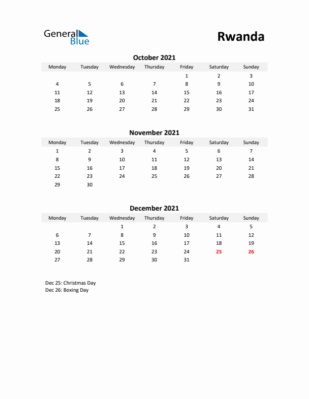 Printable Quarterly Calendar with Notes and Rwanda Holidays- Q4 of 2021