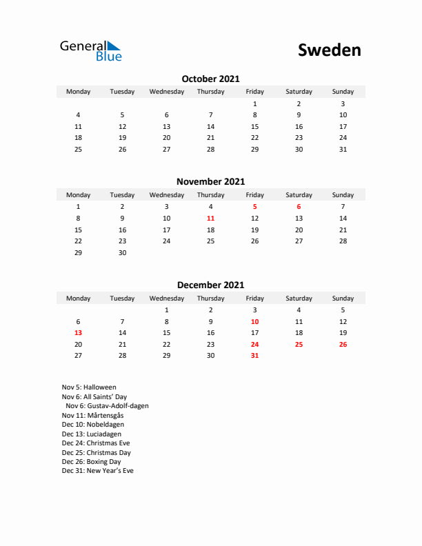 Printable Quarterly Calendar with Notes and Sweden Holidays- Q4 of 2021