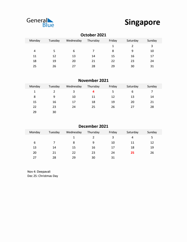 Printable Quarterly Calendar with Notes and Singapore Holidays- Q4 of 2021