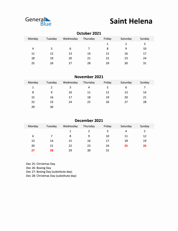 Printable Quarterly Calendar with Notes and Saint Helena Holidays- Q4 of 2021