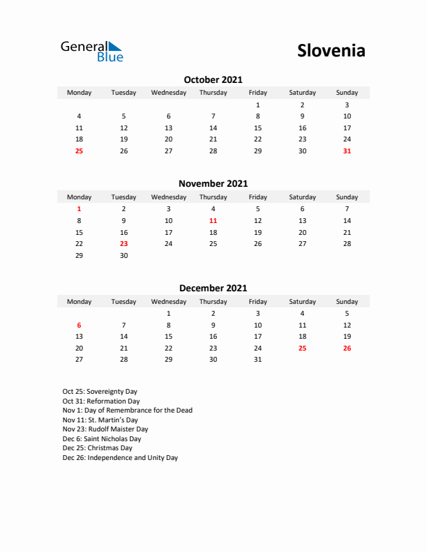 Printable Quarterly Calendar with Notes and Slovenia Holidays- Q4 of 2021