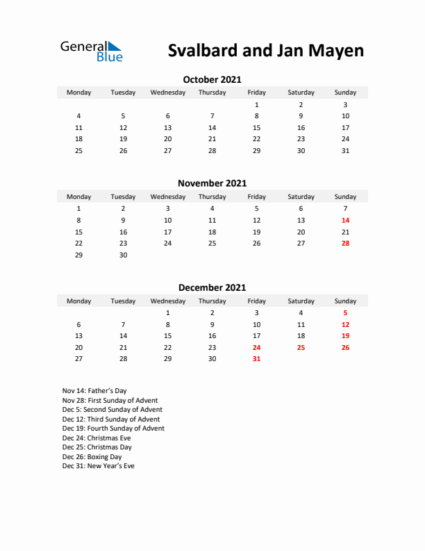 Printable Quarterly Calendar with Notes and Svalbard and Jan Mayen Holidays- Q4 of 2021