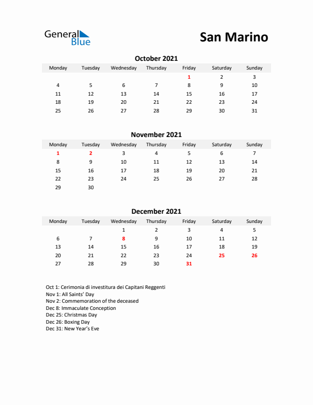 Printable Quarterly Calendar with Notes and San Marino Holidays- Q4 of 2021