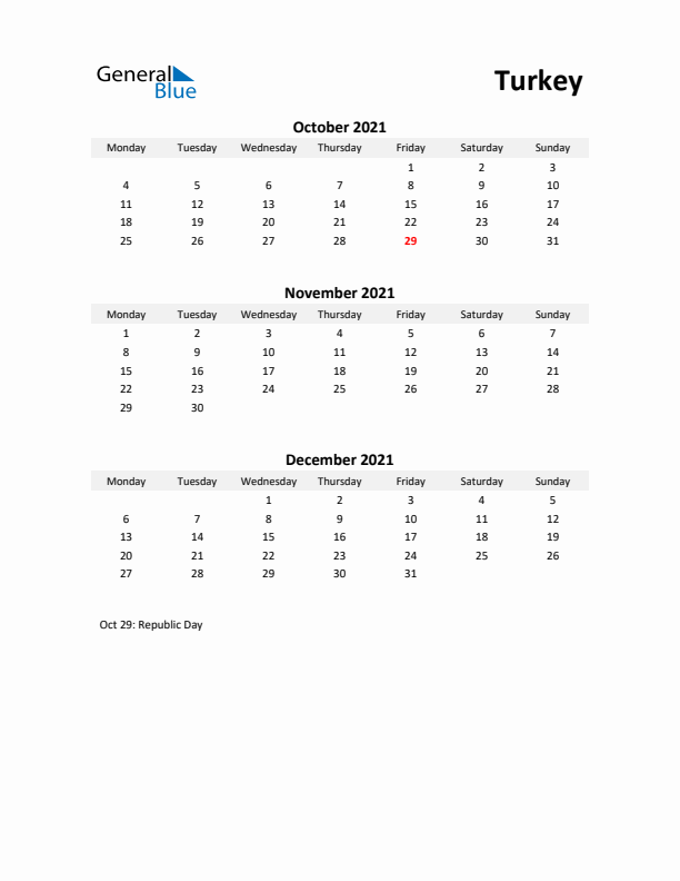 Printable Quarterly Calendar with Notes and Turkey Holidays- Q4 of 2021