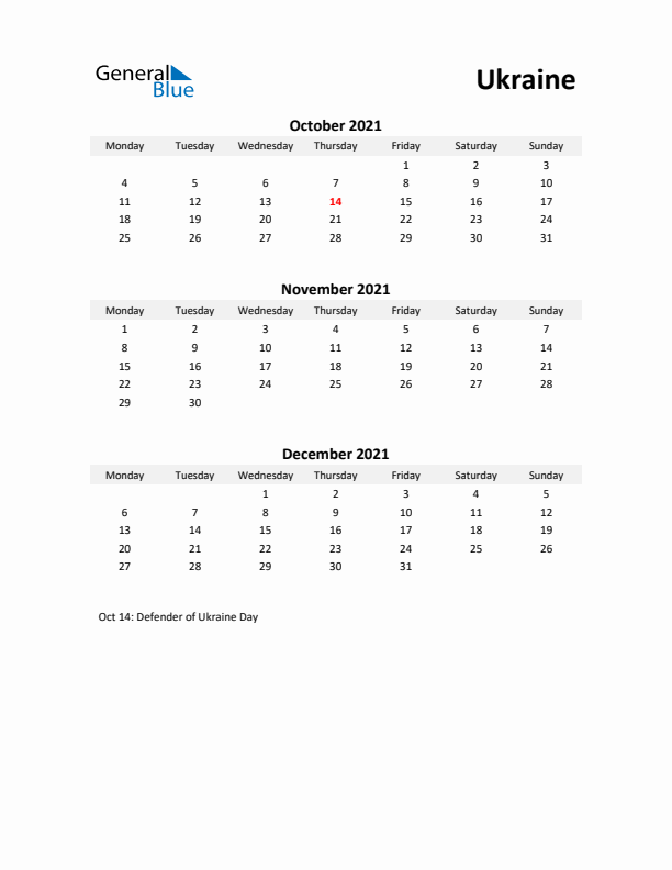 Printable Quarterly Calendar with Notes and Ukraine Holidays- Q4 of 2021