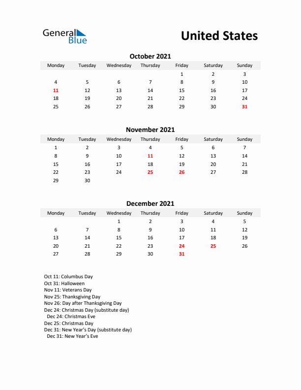 Printable Quarterly Calendar with Notes and United States Holidays- Q4 of 2021