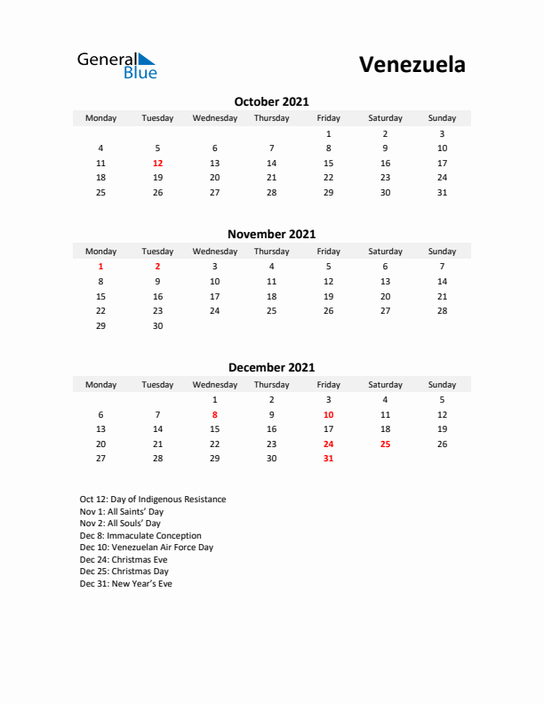 Printable Quarterly Calendar with Notes and Venezuela Holidays- Q4 of 2021