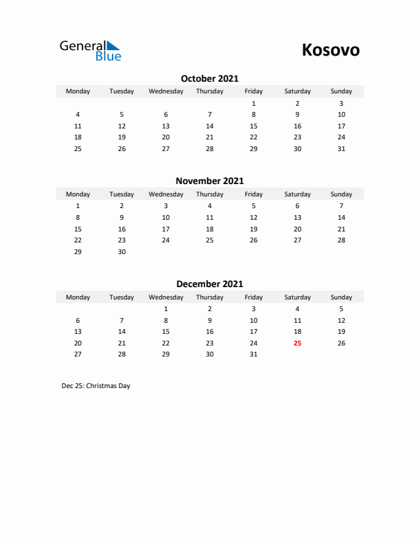 Printable Quarterly Calendar with Notes and Kosovo Holidays- Q4 of 2021