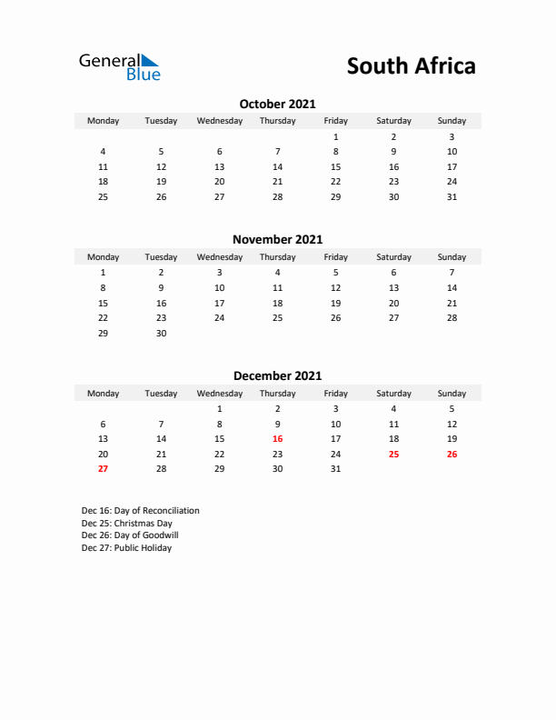 Printable Quarterly Calendar with Notes and South Africa Holidays- Q4 of 2021