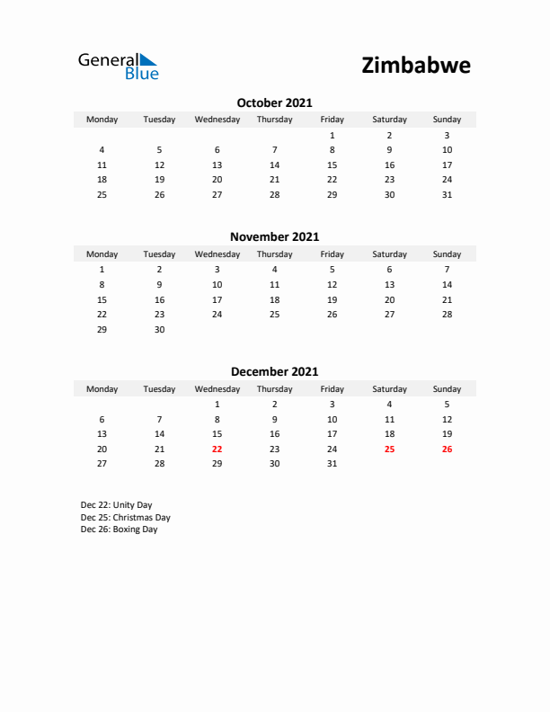 Printable Quarterly Calendar with Notes and Zimbabwe Holidays- Q4 of 2021