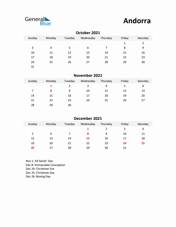 Printable Quarterly Calendar with Notes and Andorra Holidays- Q4 of 2021