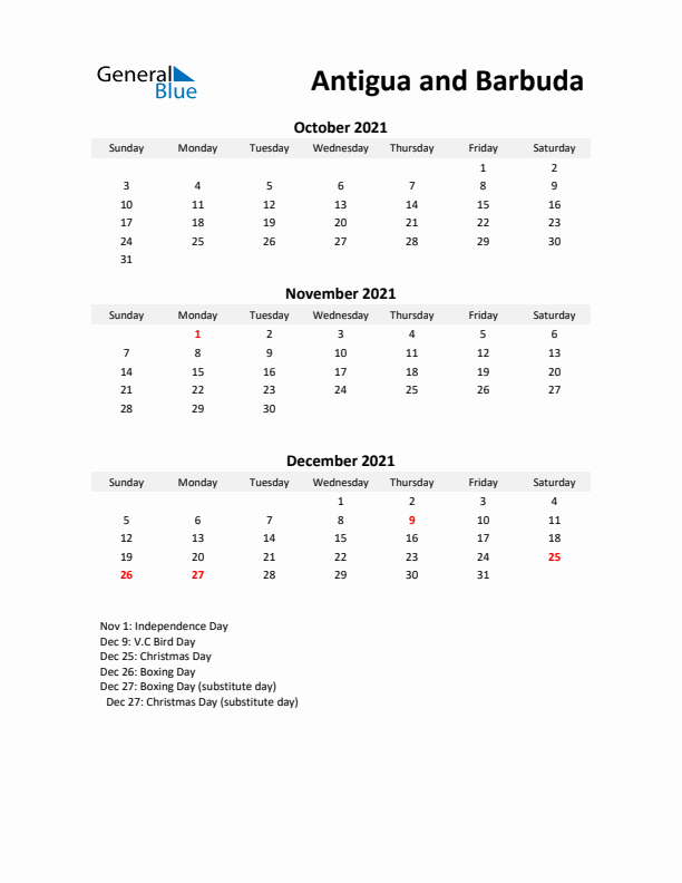 Printable Quarterly Calendar with Notes and Antigua and Barbuda Holidays- Q4 of 2021