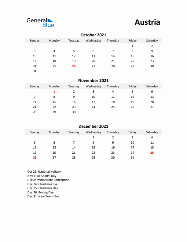 Printable Quarterly Calendar with Notes and Austria Holidays- Q4 of 2021