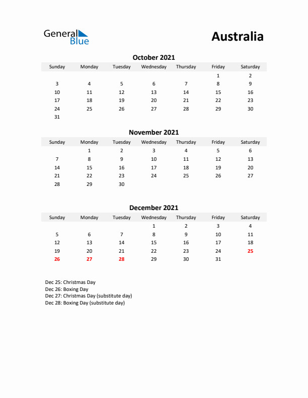 Printable Quarterly Calendar with Notes and Australia Holidays- Q4 of 2021