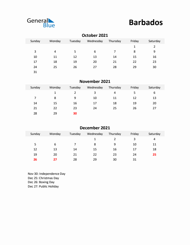 Printable Quarterly Calendar with Notes and Barbados Holidays- Q4 of 2021