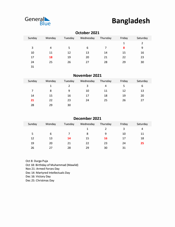 Printable Quarterly Calendar with Notes and Bangladesh Holidays- Q4 of 2021