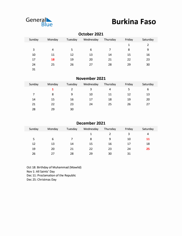 Printable Quarterly Calendar with Notes and Burkina Faso Holidays- Q4 of 2021