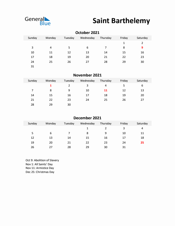 Printable Quarterly Calendar with Notes and Saint Barthelemy Holidays- Q4 of 2021