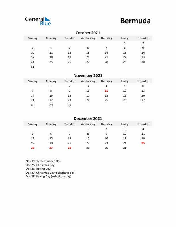 Printable Quarterly Calendar with Notes and Bermuda Holidays- Q4 of 2021