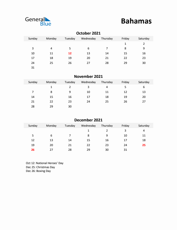 Printable Quarterly Calendar with Notes and Bahamas Holidays- Q4 of 2021