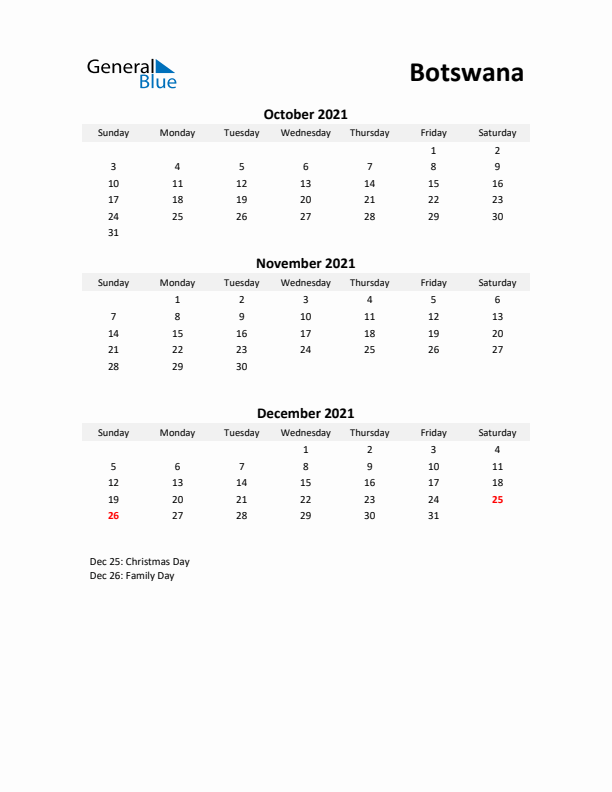 Printable Quarterly Calendar with Notes and Botswana Holidays- Q4 of 2021