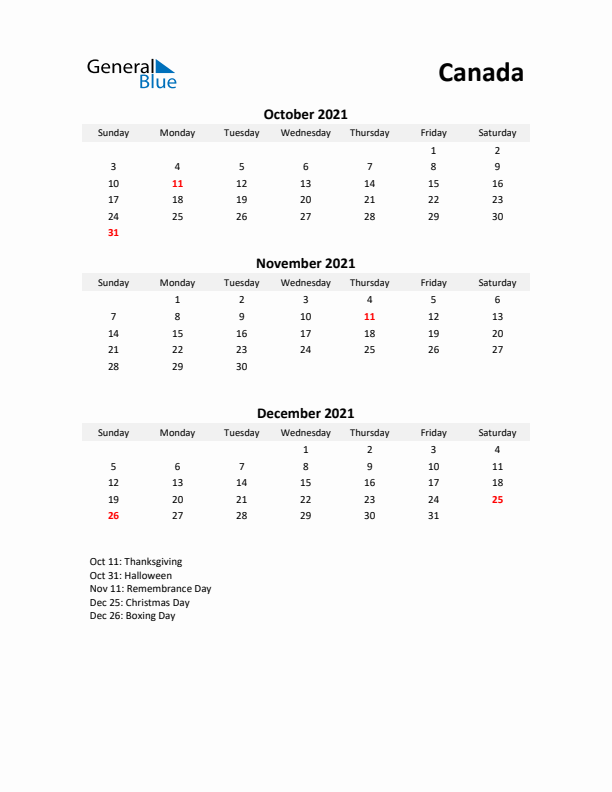 Printable Quarterly Calendar with Notes and Canada Holidays- Q4 of 2021