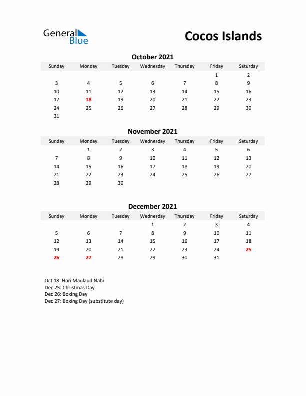 Printable Quarterly Calendar with Notes and Cocos Islands Holidays- Q4 of 2021