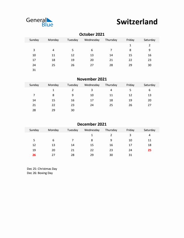 Printable Quarterly Calendar with Notes and Switzerland Holidays- Q4 of 2021