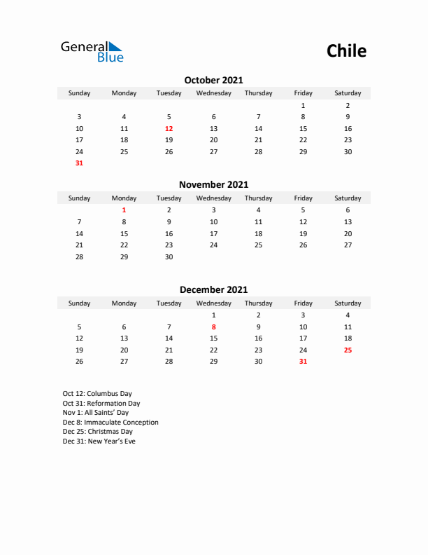 Printable Quarterly Calendar with Notes and Chile Holidays- Q4 of 2021