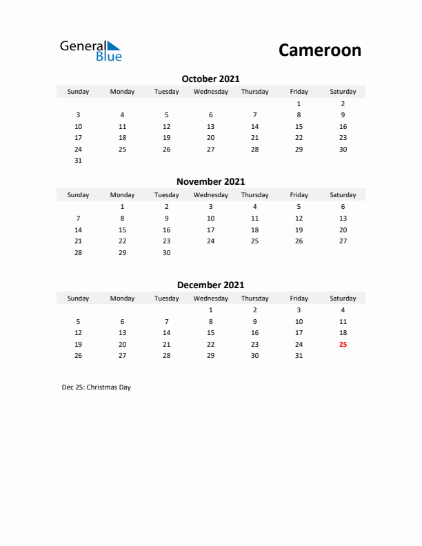 Printable Quarterly Calendar with Notes and Cameroon Holidays- Q4 of 2021