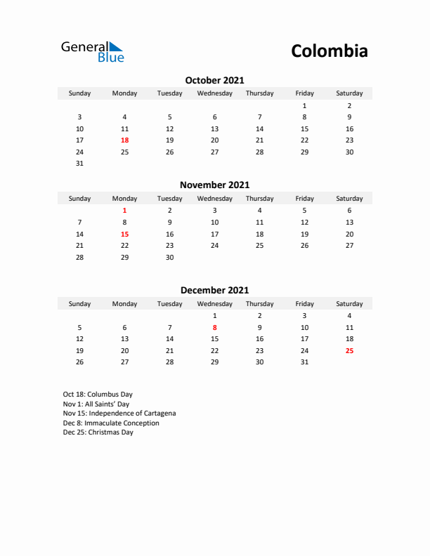 Printable Quarterly Calendar with Notes and Colombia Holidays- Q4 of 2021