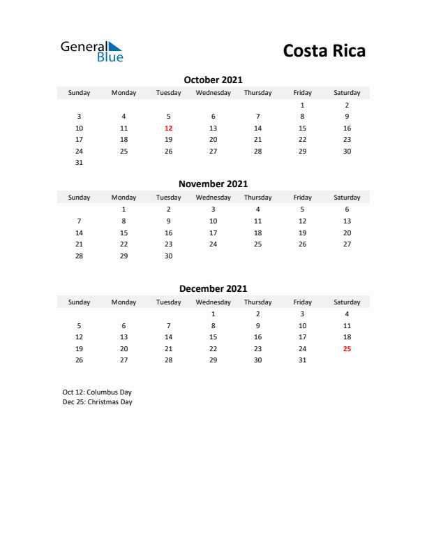 Printable Quarterly Calendar with Notes and Costa Rica Holidays- Q4 of 2021