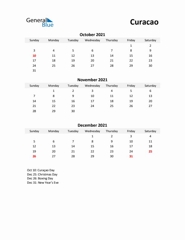 Printable Quarterly Calendar with Notes and Curacao Holidays- Q4 of 2021