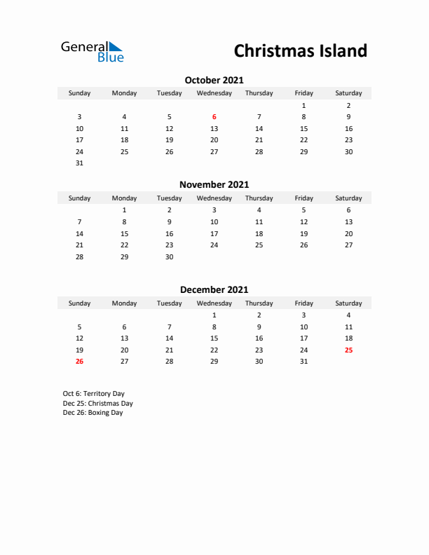 Printable Quarterly Calendar with Notes and Christmas Island Holidays- Q4 of 2021