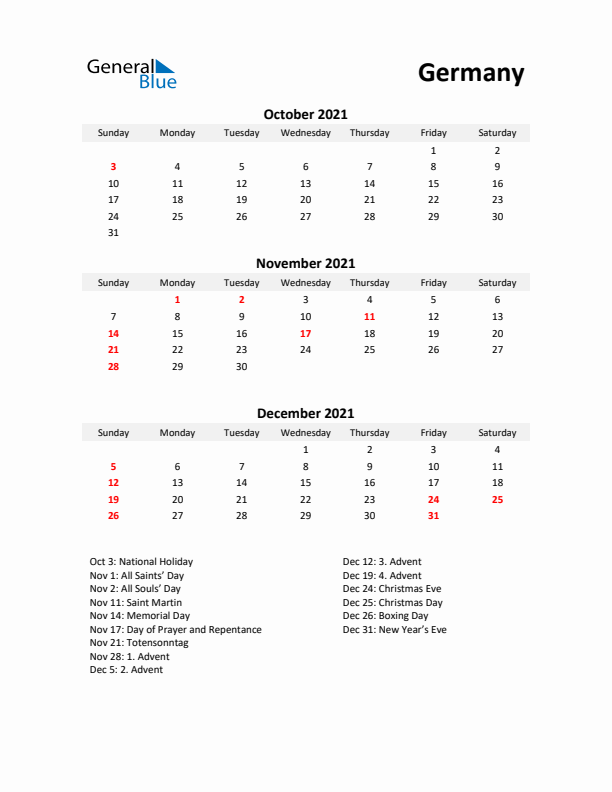 Printable Quarterly Calendar with Notes and Germany Holidays- Q4 of 2021