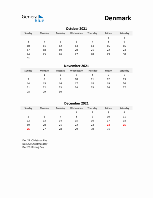 Printable Quarterly Calendar with Notes and Denmark Holidays- Q4 of 2021