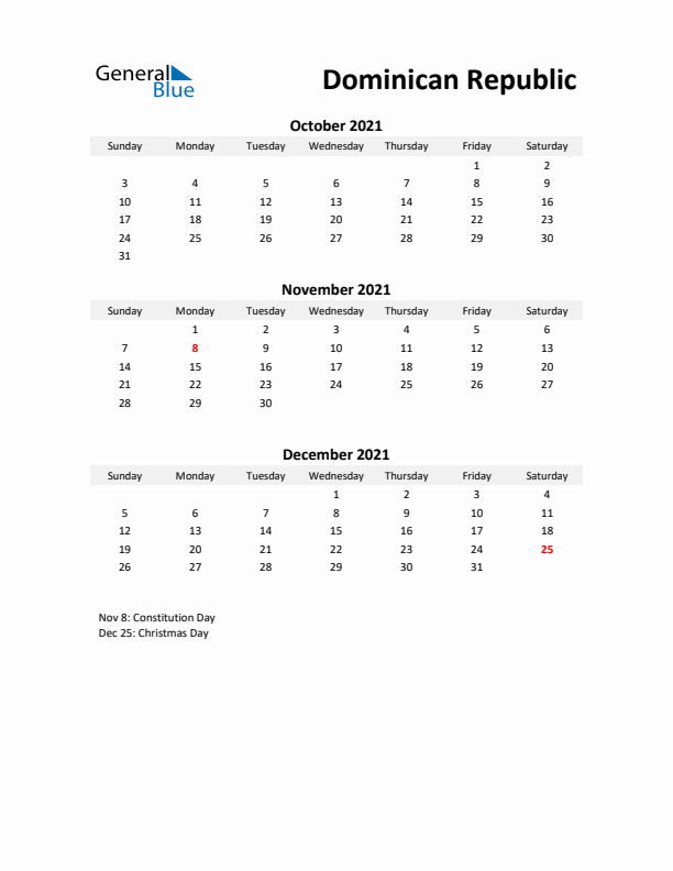 Printable Quarterly Calendar with Notes and Dominican Republic Holidays- Q4 of 2021