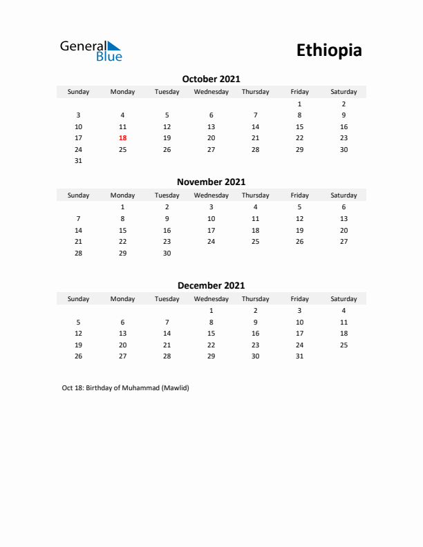 Printable Quarterly Calendar with Notes and Ethiopia Holidays- Q4 of 2021