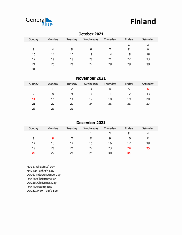 Printable Quarterly Calendar with Notes and Finland Holidays- Q4 of 2021