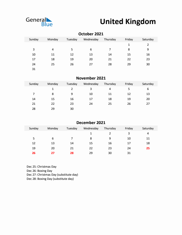 Printable Quarterly Calendar with Notes and United Kingdom Holidays- Q4 of 2021