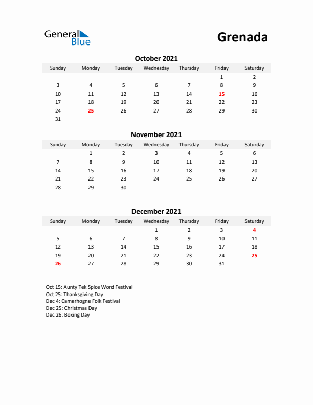 Printable Quarterly Calendar with Notes and Grenada Holidays- Q4 of 2021