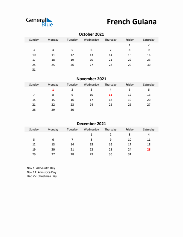 Printable Quarterly Calendar with Notes and French Guiana Holidays- Q4 of 2021