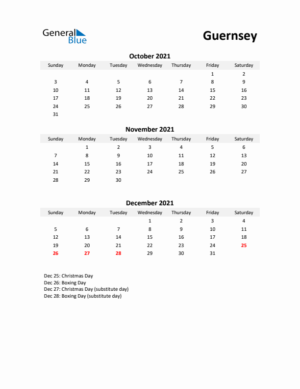 Printable Quarterly Calendar with Notes and Guernsey Holidays- Q4 of 2021