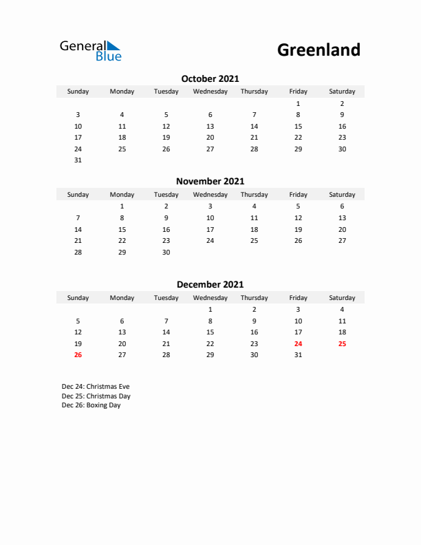 Printable Quarterly Calendar with Notes and Greenland Holidays- Q4 of 2021